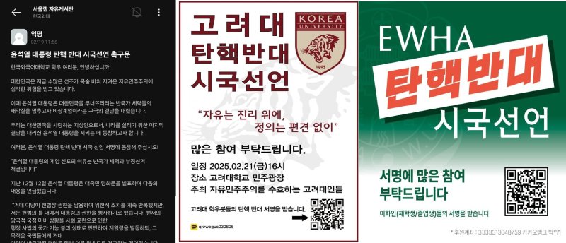 한국외대 에브리타임, 고려대·이화여대 탄핵반대 시국선언 홍보물 갈무리