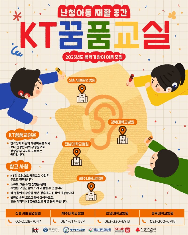 [서울=뉴시스] KT가 20일 신촌 세브란스병원 등 전국 거점지역 4곳의 대학병원과 난청 아동 지원에 나선다고 밝혔다. KT꿈품교실 봄학기 참여자를 모집해 난청 아동의 재활치료와 사회적응을 돕는다. (사진=KT 제공) 2025.02.20 *재판매 및 DB 금지