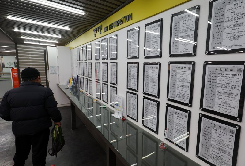 [서울=뉴시스] 이영환 기자 = 11일 오전 서울 마포구 서부고용복지플러스센터 일자리정보 게시판 앞에서 한 구직자가 일자리정보를 살펴보고 있다. 2024.12.11. 20hwan@newsis.com