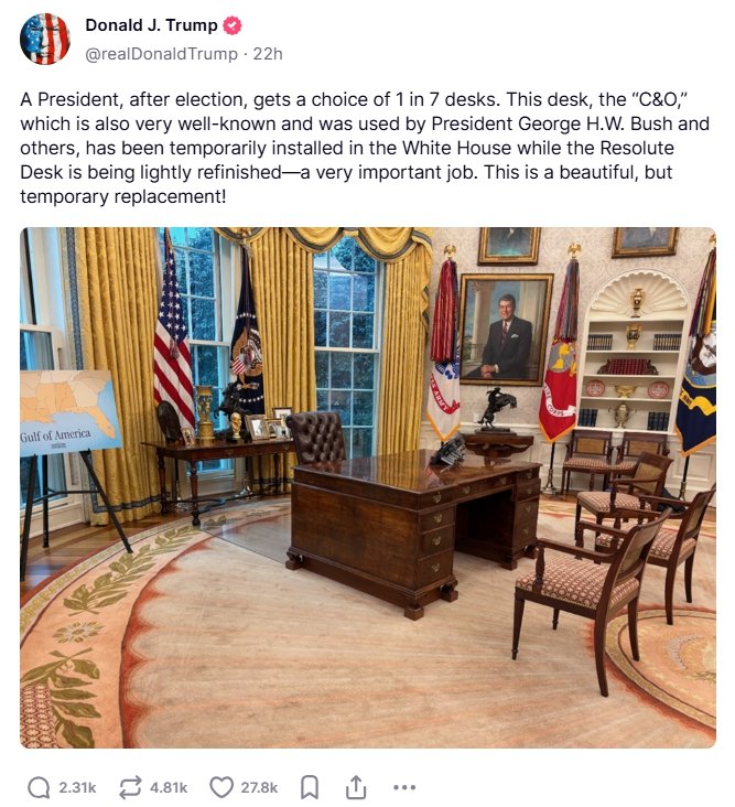 도널드 트럼프 미국 대통령이 백악관 집무실의 '결단의 책상(Resolute Desk)'을 도색하기 위해 임시 교체했다. (사진=트럼프 대통령 '트루스소셜') *재판매 및 DB 금지