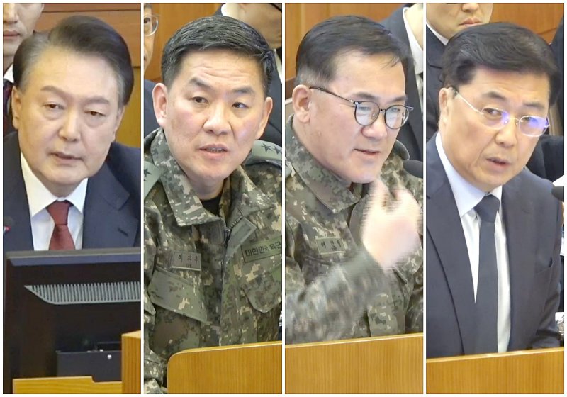 4일 서울 종로구 헌법재판소에서 열린 윤석열 대통령 탄핵심판 5차 변론기일에서 윤 대통령을 비롯한 증인들이 각각 발언하고 있다. 왼쪽부터 윤 대통령, 이진우 전 육군 수도방위사령관, 여인형 전 국군방첩사령관, 홍장원 전 국가정보원 1차장. (헌법재판소 제공) 2025.2.4/뉴스1