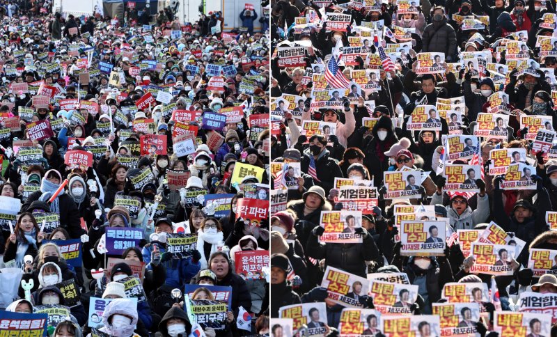 28일 서울 도심 광화문 일대에서 윤석열 대통령 탄핵을 촉구하는 집회(왼쪽)와 탄핵 반대 맞불집회가 각각 열리고 있다. 2024.12.28/뉴스1 ⓒ News1 구윤성 기자,김도우 기자