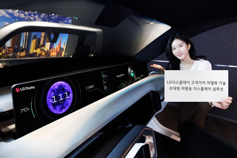 LG디스플레이 임직원이 초대형 차량용 디스플레이 설루션 '필러투필러(Pilar to pilar, P2P)'를 소개하고 있다. LG디스플레이 제공