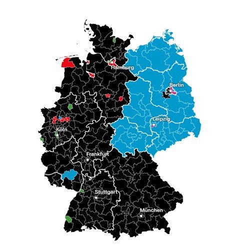 선거구별 정당투표 1위(파란색 AfD, 검은색 CDU·CSU, 빨간색 SPD) (출처=연합뉴스)