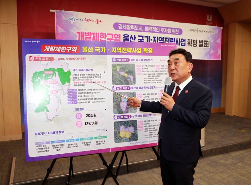 정부가 지역 균형 발전을 위해 울산 등 비수도권에 개발제한구역(그린벨트) 국가·지역전략 사업을 25일 선정 발표했다. 이에 김두겸 울산시장이 시청 프레스센터에서 이번 사업에 선정된 울산권 사업 3개 지역에 대한 육성 계획을 설명하고 있다. 울산시 제공
