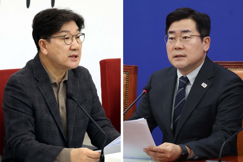 [서울=뉴시스] 조성봉 기자 = 권성동 국민의힘 원내대표와 박찬대(오른쪽 사진) 더불어민주당 원내대표가 16일 서울 여의도 국회에서 각각 현안 관련 기자간담회를 열고 발언을 하고 있다. 2025.02.16. suncho21@newsis.com