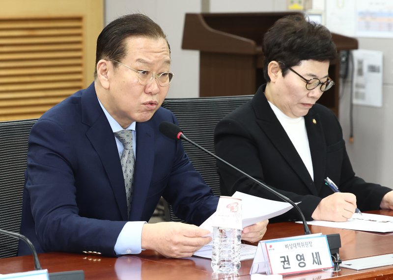 권영세 국민의힘 비상대책위원장이 25일 오전 서울 여의도 국회 의원회관에서 열린 중앙위원회 주요임원단 간담회에서 인사말을 하고 있다. 2025.2.25/뉴스1 ⓒ News1 김민지 기자