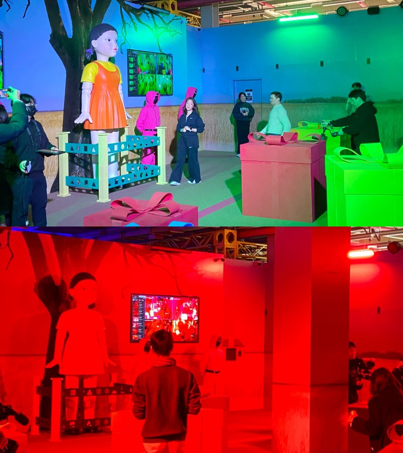 넷플릭스 '오징어 게임'에 등장하는 '무궁화 꽃이 피었습니다' 게임 체험 장면. 제한 시간이 지나면 아래 사진처럼 실내에 붉은빛이 켜지고 이때 움직인 참가자들은 탈락한다. 2025.02.26. ⓒ 뉴스1 신은빈 기자