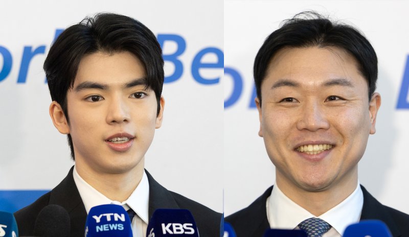 국제올림픽위원회(IOC) 선수위원에 도전하는 피겨 차준환(왼쪽), 봅슬레이 메달리스트 원윤종이 26일 오후 서울 송파구 올림픽회관에서 열린 국내 후보 비공개 면접에 참석하기 전 인터뷰하고 있다. 2025.2.26/뉴스1 ⓒ News1 이승배 기자