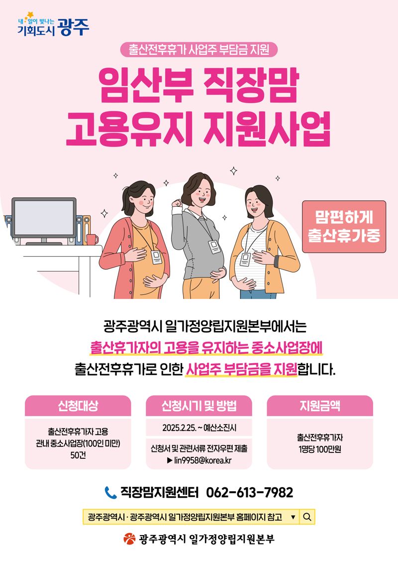 광주광역시, '임산부 직장맘 고용유지 지원금' 100만원 지원