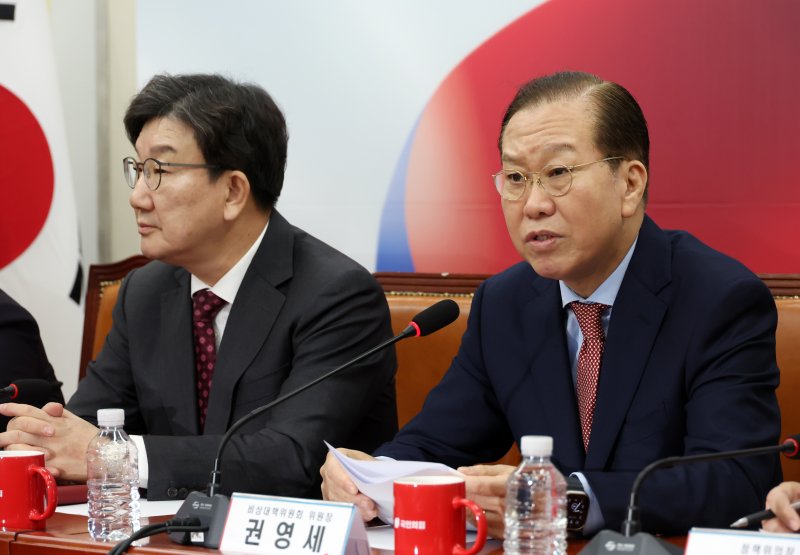 [서울=뉴시스] 고승민 기자 = 권영세 국민의힘 비상대책위원장이 27일 서울 여의도 국회에서 열린 비상대책위원회의에서 발언하고 있다. 2025.02.27. kkssmm99@newsis.com