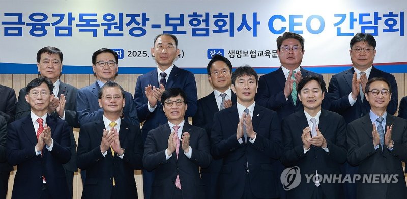보험회사 CEO 간담회서 기념촬영하는 이복현 금감원장 (출처=연합뉴스)