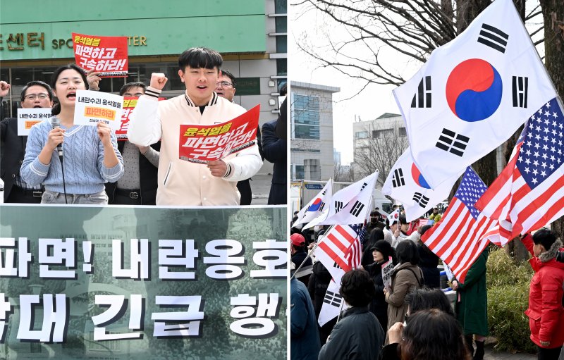 [광주=뉴시스] 김혜인 기자 = 27일 오후 광주 북구 용봉동 전남대학교 후문에서 전남대 학생으로 구성된 전남대 긴급행동의 윤석열 대통령 탄핵 기자회견(사진 왼쪽)과 보수 단체인 자유대한민국국민연대 회원들의 탄핵 반대 집회(오른쪽)가 각각 열리고 있다. 2025.02.17. hyein0342@newsis.com