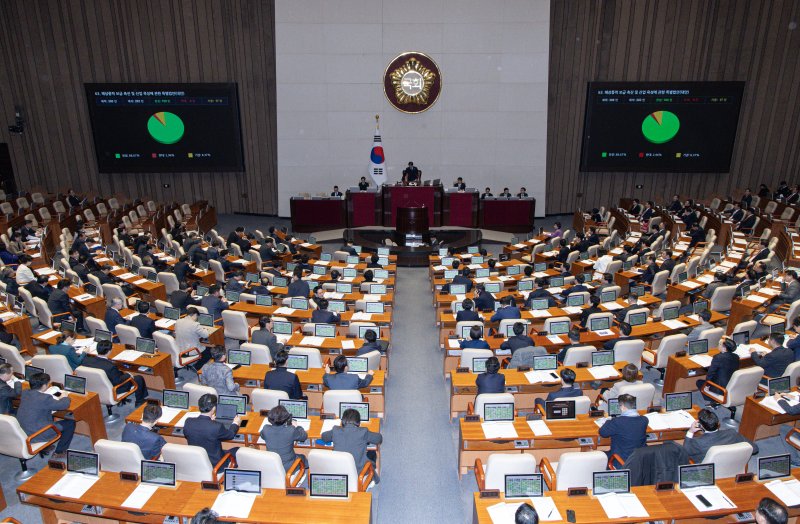 27일 오후 서울 여의도 국회에서 열린 제422회 국회(임시회) 제7차 본회의에서 해상풍력 보급 촉진 및 산업 육성에 관한 특별법안(대안)이 가결되고 있다. 2025.2.27/뉴스1 ⓒ News1 이재명 기자