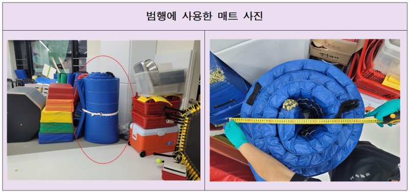 [의정부=뉴시스] 사망한 피해 아동이 갇혀 있던 매트. 해당 매트는 구멍 지름 약 18~23cm에 불과한 타포린 재질의 방수원단이 사용된 말려진 매트(높이 124cm, 전체 지름 63cm)로 태권도 관장 A씨는 이 매트에 피해 아동을 강제로 밀어 넣고 갇혀 있게 했다.(사진=의정부지검 제공) photo@newsis.com
