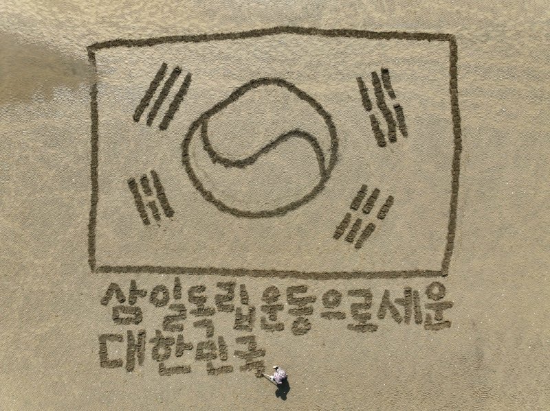 서예가 김동욱 씨가 27일 경북 포항시 송도해수욕장 백사장에서 3.1절을 맞아 가로 31m, 세로 20.3m 크기의 대형 태극기 퍼포먼스를 하고 있다. (서예가 김동욱 씨제공, 재판매 및 DB 금지) 2025.2.27/뉴스1 ⓒ News1 최창호 기자