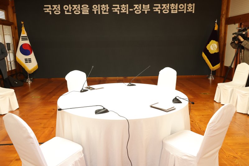 28일 오후 서울 여의도 국회에서 개최 예정이었던 '국정 안정을 위한 국회-정부 국정협의회'가 더불어민주당의 참석 보류로 취소돼 자리가 비어있다. 이날 민주당은 최상목 대통령 권한대행 부총리 겸 기획재정부 장관이 마은혁 헌법재판관 임명을 미루고 있다며 국정협의회 참석을 보류하겠다고 발표했다,(공동취재)2025.2.28/뉴스1 ⓒ News1 이광호 기자