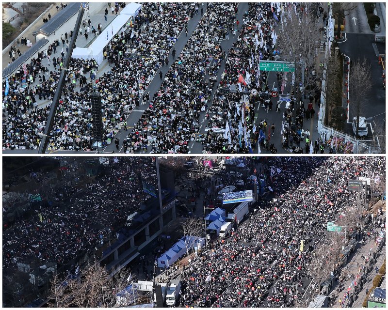 설 연휴인 25일 오후 서울 도심 경복궁과 광화문 일대에서는 윤석열 대통령 토토 핫을 촉구하거나 반대하는 대규모 집회가 열렸다. 사진은 경복궁 4번출구 인근에서 열린 ‘윤석열 대통령 토토 핫 촉구 집회’(위)와 동화면세점 앞에서 열린 '윤석열 대통령 탄핵 반대 집회'(아래). 2025.1.25/뉴스1 ⓒ News1 김성진 기자,이동해 기자