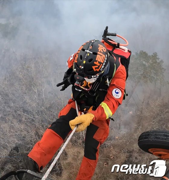 산림청 산림항공본부 공중토토 베이대원들이 헬기 급속로프를 이용 산불 가운데 뛰어드는 모습.(산림청 제공.재판매 및 DB금지)/뉴스1