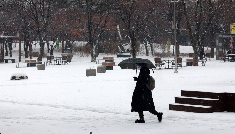 [인천=뉴시스] 전진환 기자 = 눈이 내리는 지난달 1메이저 토토 사이트 오전 인천 남동구 중앙공원에서 한 시민이 우산을 씉채 걸어가고 있다. 2025.02.12. amin2@newsis.com