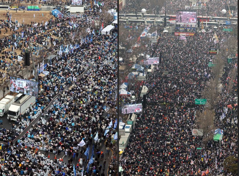 3·1절인 1일 서울 도심 곳곳에서 윤석열 대통령 토토 사이트 순위 찬반 집회가 열렸다. 사진 왼쪽은 종로구 안국동에서 열린 야5당 공동 '윤석열 파면 촉구 범국민대회'. 오른쪽은 광화문광장 일대에서 열린 '자유통일을 위한 국민대회'. 2025.3.1/뉴스1 ⓒ News1 황기선 기자,이승배 기자