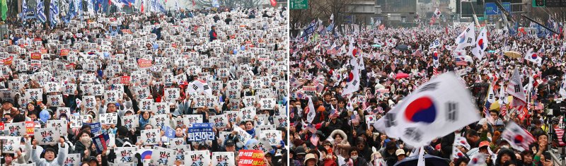 [스포츠 토토=뉴시스] 김근수 기자 =제106주년 삼일절인 1일 스포츠 토토 도심 곳곳에서 윤석열 대통령 탄핵 찬반 집회가 열렸다. 사진 왼쪽은 종로구 안국동에서 열린 야5당 공동 '윤석열 파면 촉구 범국민대회'. 오른쪽은 광화문광장 일대에서 열린 '자유통일을 위한 국민대회' 모습. 2025.03.01. ks@newsis.com