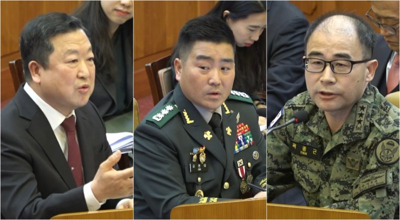 박춘섭 대통령실 경제수석(왼쪽부터), 김현태 707특수임무단장, 곽종근 전 육군 특수전사령관이 6일 서울 종로구 헌법재판소에서 열린 탄핵 심판 6차 변론기일에서 질문에 답하고 있다. (헌법재판소 제공) 2025.2.6/뉴스1