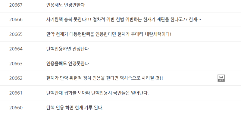 윤석열 대통령 탄핵심판 최종 선고를 앞두고 헌법재판소 자유게시판에는 탄핵 인용 시 폭력 사태를 예고하는 발언들이 잇따르고 있다. 헌법재판소 자유게시판 캡처