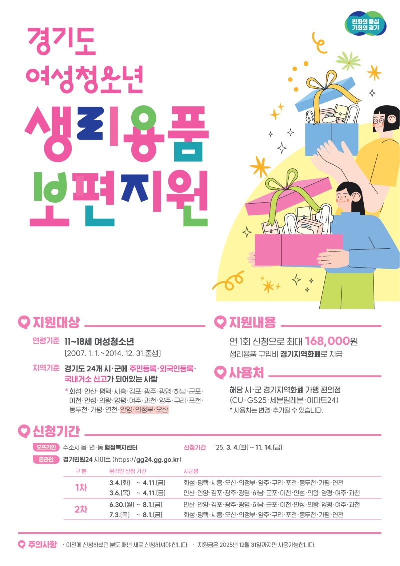 경기도, 올해는 24개 시·군에서 '여성청소년 생리용품 지원'