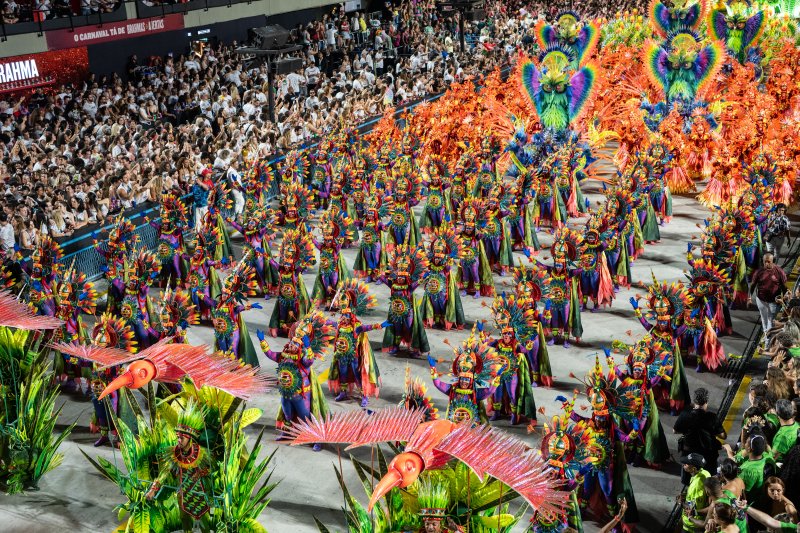[리우데자네이루=신화/뉴시스] 3일(현지 시간) 브라질 리우데자네이루에서 2025 리우 카니발 참가자들이 퍼레이드를 펼치고 있다. 2025.03.04.