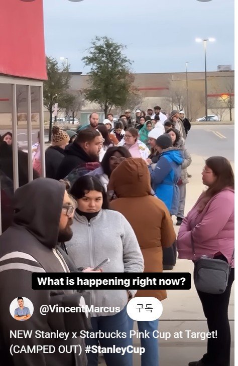 [서울=뉴시스]지난해 1월 스타벅스가 출시한 '스탠리 러브 켄처 텀블러'를 구매하기 위해 매장 앞에서 기다리는 사람들. (사진 = 유튜브 캡처)