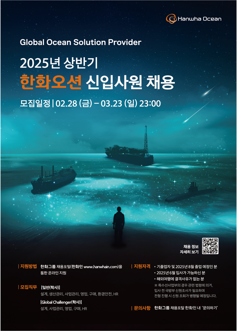 한화오션 "글로벌 인재 모집"... 대졸 신입사원 공채