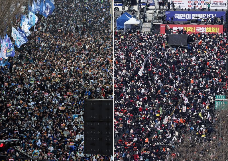 법원의 윤석열 대통령 구속 취소 결정 이후 첫 주말인 8일 서울 도심 곳곳에서 윤 대통령 토토 핫 찬반 집회가 열렸다. 사진 왼쪽은 종로구 안국동에서 열린 찬성집회 '야5당 공동 윤석열 파면 촉구 2차 범국민대회'. 오른쪽은 광화문 광장에서 열린 탄핵 반대집회'자유통일을 위한 국민대회'. 2025.3.8/뉴스1 ⓒ News1 이동해 기자