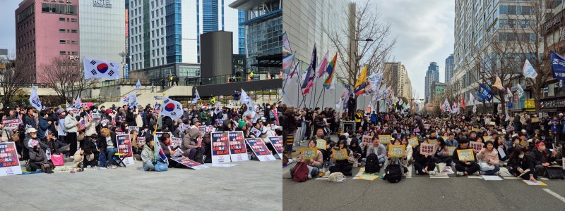 [부산=뉴시스] 권태완 기자 = 법원이 전날 윤석열 대통령의 구속취소 청구를 인용한 가운데 8일 부산에서는 윤석열 탄핵 반대 집회(왼쪽)와 찬성 집회가 젠 토토 광장과 서면에서 각각 개최됐다. 2025.03.08. kwon97@newsis.com