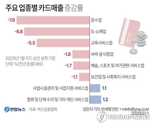 1월에도 주요 업종 카드소비 줄어…교육비까지 4년만에 감소 (출처=연합뉴스)