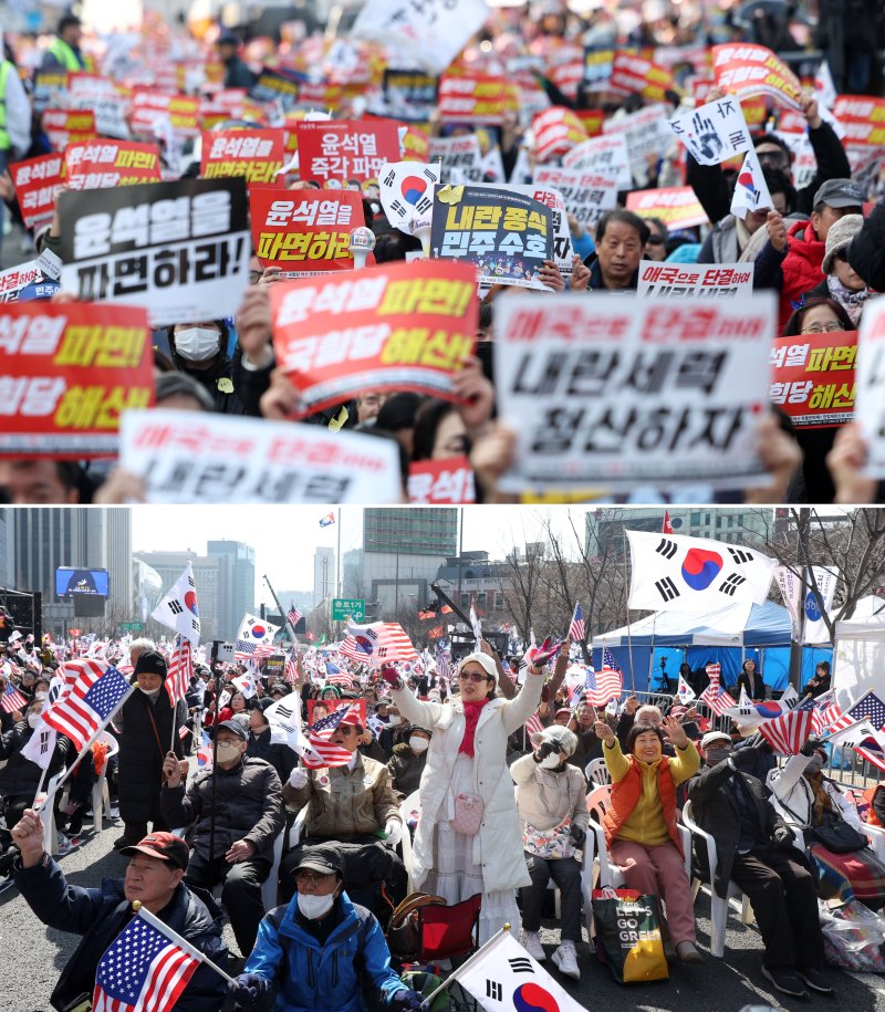[서울=뉴시스] 김선웅 기자 = 윤석열 대통령에 대한 헌법재판소의 탄핵심판 선고가 임박한 8일 서울 종로구 일대에서 탄핵 찬·반 집회가 각각 열리고 있다. 2025.03.08. mangusta@newsis.com