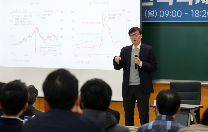 [서울=뉴시스] 김혜진 기자 = 이창용 한국은행 총재가 23일 오전 서울 동대문구 서울시립대학교에서 열린 한국국제경제학회 동계학술대회에서 기조연설을 하고 있다. 2024.12.23. jini@newsis.com