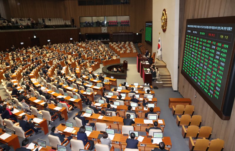 [서울=뉴시스] 조성우 기자 = 27일 오후 서울 여의도 국회에서 열린 제422회 국회(임시회) 제7차 본회의에서 명태균과관련한불법선거개입및국정농단사건등의진상규명을위한특별검사의임명등에관한법률안에 대한 표결이 진행되고 있다. 2025.02.27. xconfind@newsis.com