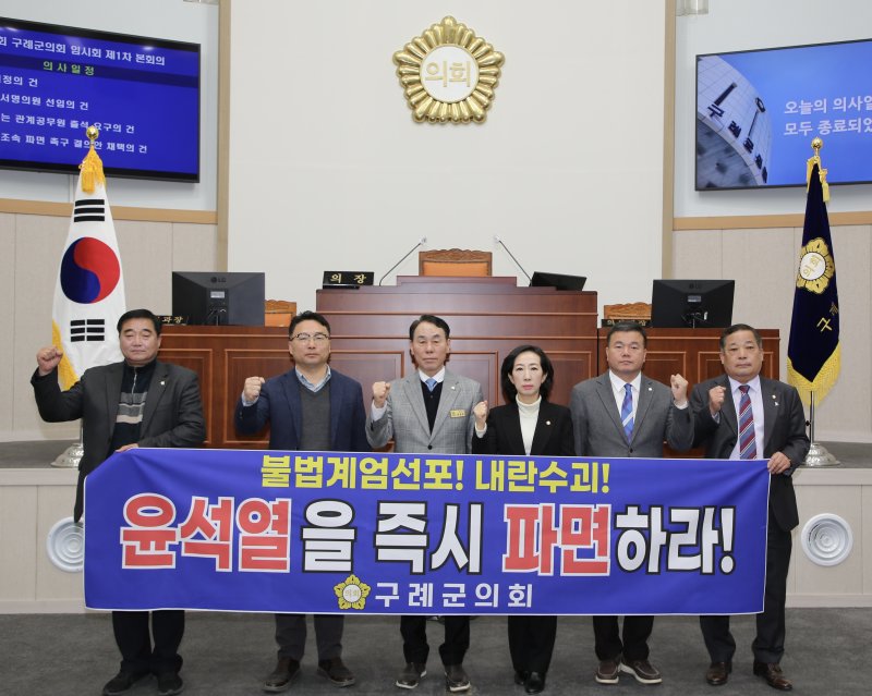 [구례=뉴시스] 전남 구례군의회가 원포인트 임시회를 열고 윤 대통령 파면을 촉구하는 결의안을 채택하고 있다. (사진=구례군 의회) 2025.03.14. photo@newsis.com *재판매 및 DB 금지