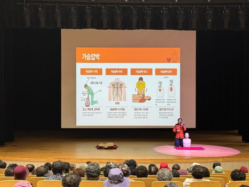 [밀양=뉴시스] 시니어클럽 노인 일자리 참여자 응급처치 교육을 하고 있다. (사진=밀양시 제공) 2025.03.14. photo@newsis.com *재판매 및 DB 금지