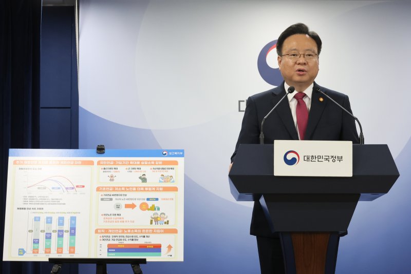 [서울=뉴시스] 김명원 기자 = 조규홍 보건복지부 장관이 지난해 9월 4일 서울 종로구 정부서울청사에서 연금개혁 추진계획 발표를 하고 있다. 2024.09.04. kmx1105@newsis.com