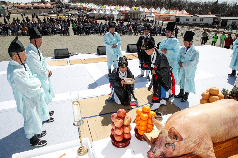 [제주=뉴시스] 우장호 기자 = 2025 제주들불축제 첫째 날인 14일 오후 제주시 애월읍 봉성리 새별오름 주무대에서 초헌관인 김완근 제주시장이 축제의 무사 안녕을 기원하는 희망기원제를 봉행하고 있다. 2025.03.14. woo1223@newsis.com