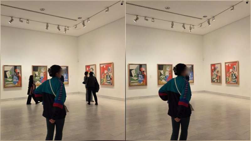 갤럭시S25의 AI 지우개 기능으로 뒷배경에 있는 관람객을 지우기 전(왼쪽)과 후(오른쪽) 2025.03.14 ⓒ 뉴스1 손엄지 기자