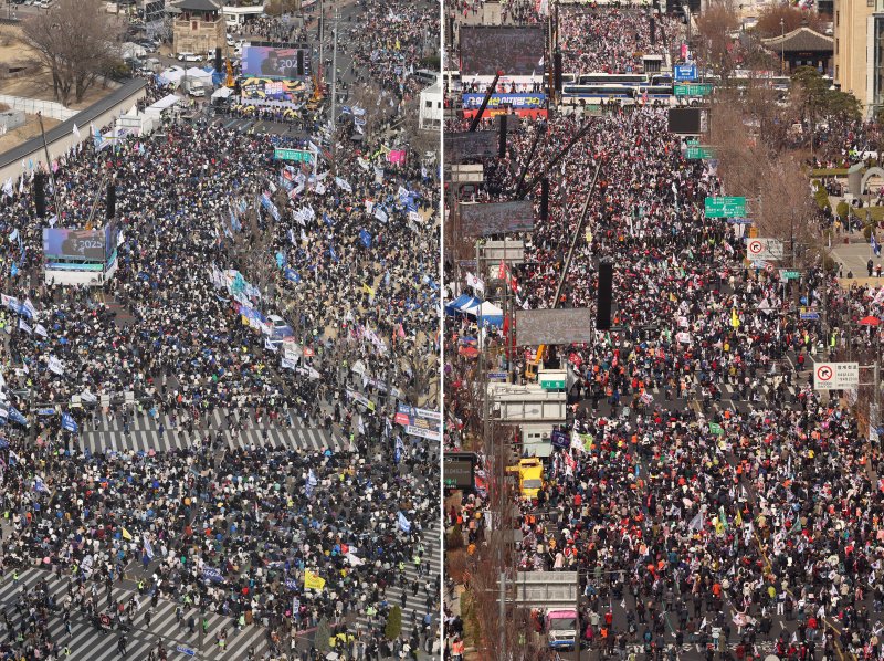 15일 오후 서울 광화문에서 탄핵에 찬성하는 시민들(왼쪽)과 탄핵에 반대하는 시민들이 집회를 하고 있다. 2025.3.15/뉴스1 ⓒ News1 신웅수 기자