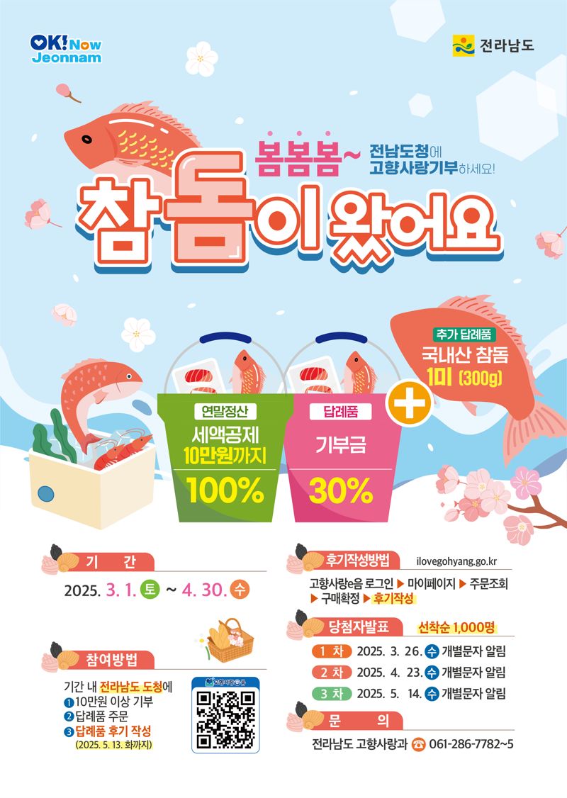 전남도는 봄을 맞아 오는 4월 30일까지 고향사랑기부제 답례품 후기를 작성하면 여수 참돔을 추가로 제공하는 이벤트를 실시한다고 밝혔다.