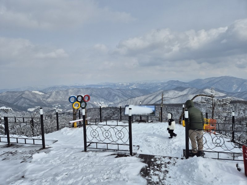 강원 산지와 동해안에 많은 눈이 내린 17일 오후 평창군 발왕산 모나 용평 리조트에서 발왕산 케이블카 정상부에서 나들이객들이 설경을 즐기고 있다. 2025.3.17/뉴스1 ⓒ News1 윤왕근 기자