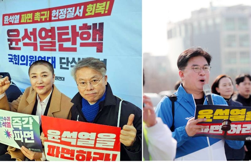 [광주=뉴시스] 단식 농성 중인 더불어민주당 민형배 의원(가운데)이 지난 12일 서울 광화문 농성장에서 삭발 시위를 한 전진숙 의원(왼쪽)과 헌재의 조속한 탄핵심판 선고를 촉구하고 있다. 정준호 의원(오른쪽)이 지난 14일 국회에서 광화문까지 도보행진을 하며 구호를 외치고 있다. (사진=의원실 제공) photo@newsis.com *재판매 및 DB 금지