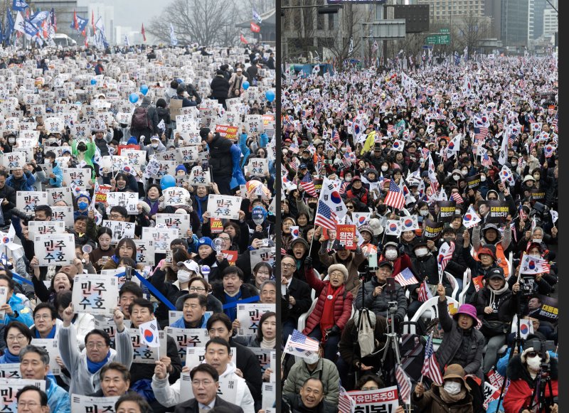 3·1절인 1일 서울 도심 곳곳에서 윤석열 대통령 탄핵 찬반 집회가 열렸다. 사진 왼쪽은 종로구 안국동에서 열린 야5당 공동 '윤석열 파면 촉구 범국민대회'. 오른쪽은 광화문광장 일대에서 열린 '자유통일을 위한 국민대회'. 2025.3.1/뉴스1 ⓒ News1 이승배 기자