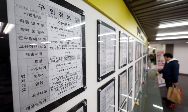 [서울=뉴시스] 추상철 기자 = 3월 12일 오전 서울 마포구 서부고용복지플러스센터에서 구직자가 채용게시판을 살펴보고 있다. 지난달 취업자 수는 2817만9000명으로 지난해 같은 기간보다 13만6000명(0.5%) 증가했다. 연령 계층별로 보면 15~29세(-23만5000명, -1.7%), 40대(-7만8000명, -0.6%), 50대(-8000명, -0.1%)에서는 취업자수가 줄었다. 반면 30대(11만6000명, 1.1%)와 60세 이상(34만2000명, 0.9%)에서는 취업자수가 증가했다. 2025.03.12. scchoo@