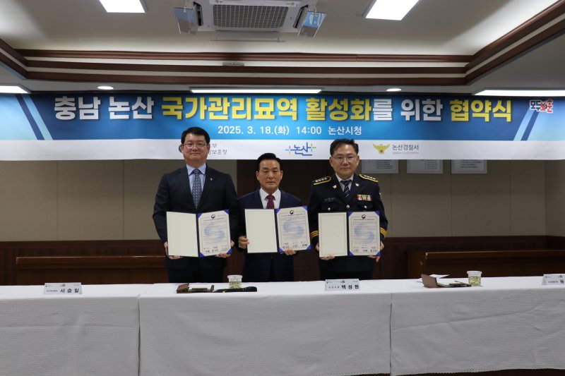 [대전=뉴시스] 대전지방보훈청이 18일 논산시 및 논산경찰서와 논산 국가 관리 묘역을 체계적으로 관리하고 묘역 운영을 활성화하기 위해 업무협약을 체결했다.(사진=대전지방보훈청 제공) 2025.03.18. photo@newsis.com *재판매 및 DB 금지